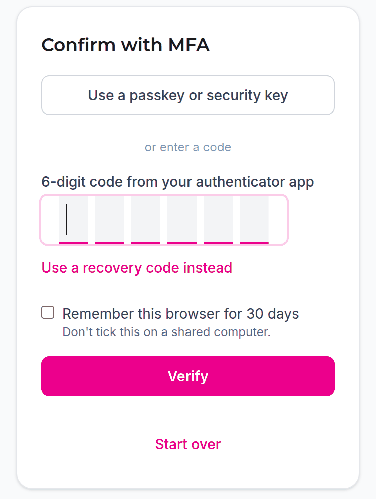 The MFA step: a passkey button, the code boxes and Verify